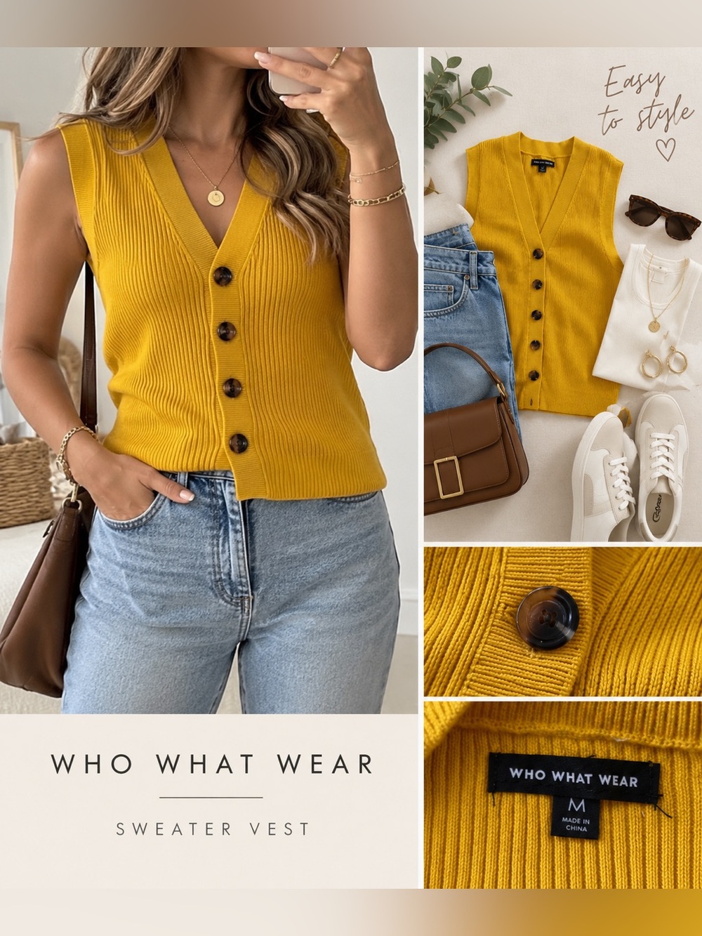 Who What Wear Mustard Yellow Ribbed Button Front Sweater Vest Size M